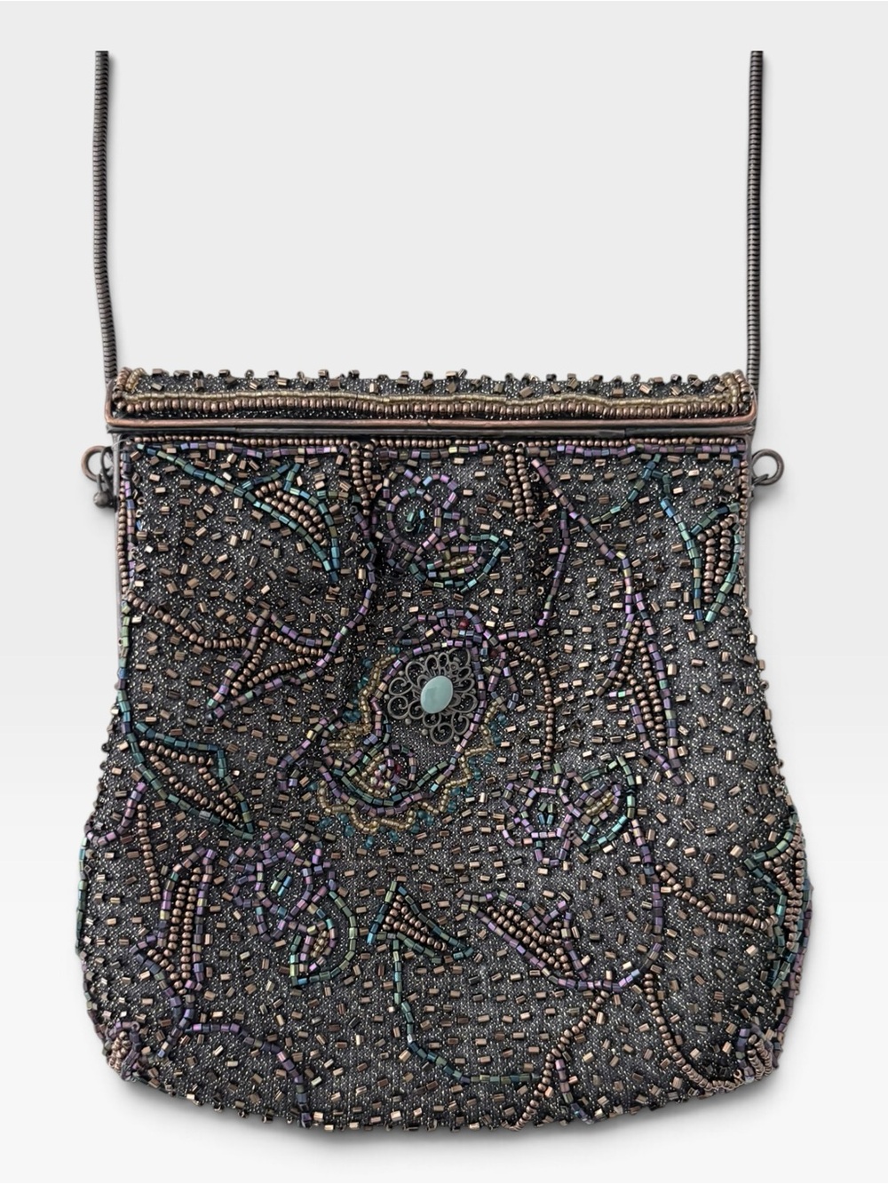 Sorella Vintage Beaded Evening Bag Crossbody Bronze Teal Purple Satin Lined